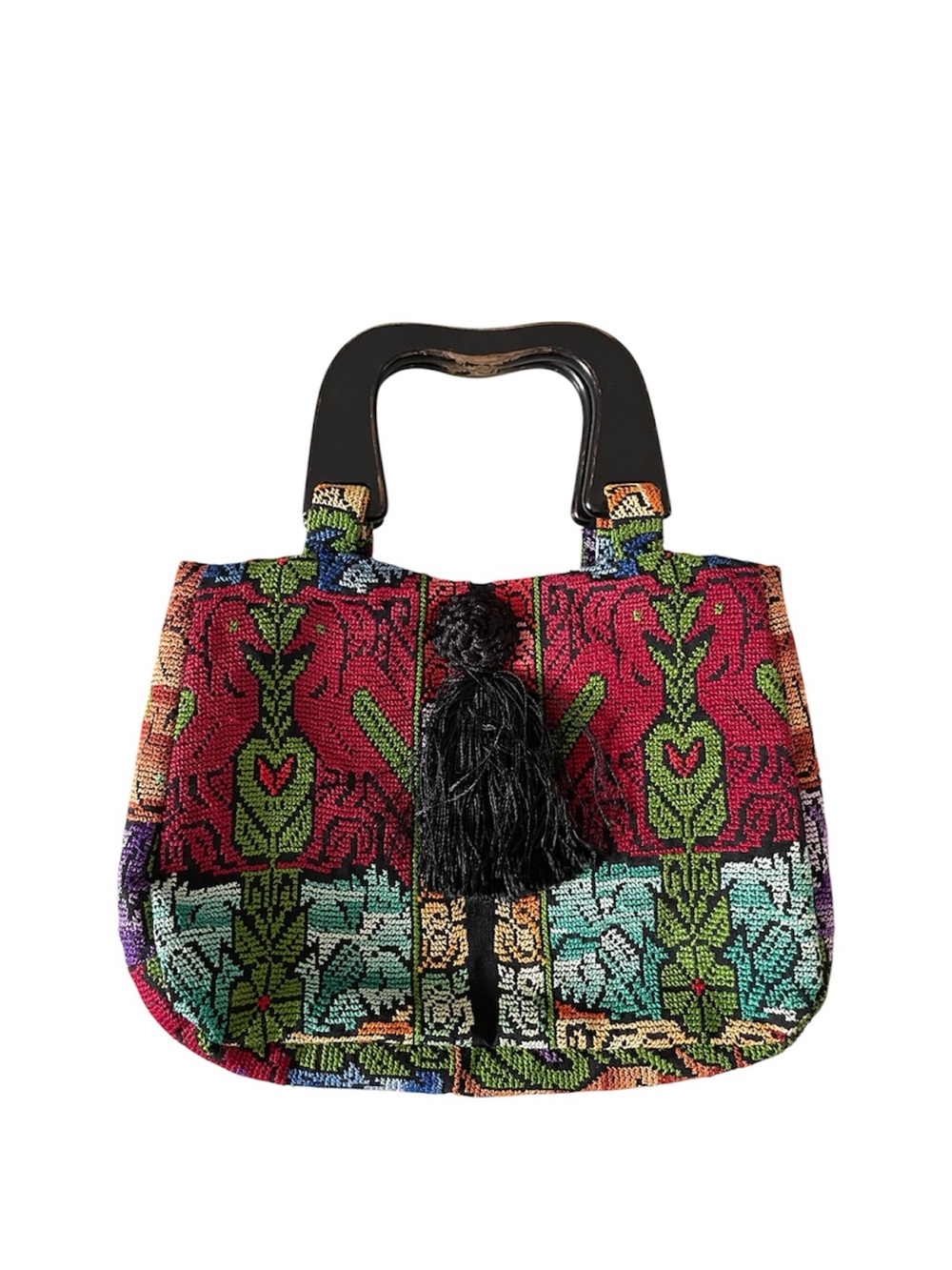 Vintage Hand Embroidered Wooden Handle Handbag with a Tassel